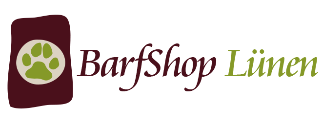 das Logo zeigt eine grüne Hundepfote in einem weißen Kreis auf einem dunkelroten Freihand-Rechteck. Daneben zunächst in Dunkelroter, geschwungener Schrift BarfShop und in derselben Schrift in grün das Wort Lünen