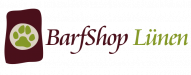 das Logo zeigt eine grüne Hundepfote in einem weißen Kreis auf einem dunkelroten Freihand-Rechteck. Daneben zunächst in Dunkelroter, geschwungener Schrift BarfShop und in derselben Schrift in grün das Wort Lünen